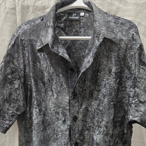 Mod Vintage Positano Shirt Mens Large Silver Button Up Disco shirt - Picture 2 of 6